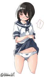 Rule 34 | ..., 10s, 1girl, bad id, bad twitter id, black hair, blue skirt, blush, bow, bow panties, closed eyes, closed mouth, clothes lift, cowboy shot, cropped legs, ebifurya, fubuki (kancolle), highres, inactive account, kantai collection, lifting own clothes, panties, pleated skirt, school uniform, serafuku, short sleeves, simple background, skirt, skirt lift, solo, speech bubble, spoken ellipsis, sweat, tears, twitter username, underwear, white background, white bow, white panties
