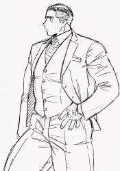Rule 34 | 1boy, bara, dickfish (fishismdick), feet out of frame, formal, from side, hand on own hip, highres, john rottweil (dickfish), looking to the side, male focus, muscular, muscular male, necktie, original, pants, scan, short hair, sideburns, sketch, solo, suit, thick eyebrows, thick thighs, thighs, traditional media, undercut, vest