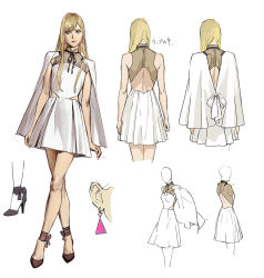 Rule 34 | 1girl, blonde hair, blue eyes, breasts, capelet, character sheet, clenched hands, crossed legs, dress, earrings, faceless, faceless female, from behind, gigi andalusia, gundam, gundam hathaway&#039;s flash, hair behind ear, high heels, jewelry, long hair, looking to the side, multiple views, official art, pablo uchida, production art, small breasts, triangle earrings, white background, white capelet, white dress