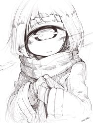 Rule 34 | 1girl, blunt bangs, breath, contrail, cyclops, greyscale, highres, looking at viewer, monochrome, one-eyed, original, own hands together, portrait, scarf, shima (sh1mamu), signature, simple background, sketch, smile, solo, thick eyebrows, twitter username, upper body, white background