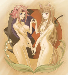 Rule 34 | 2girls, animal ears, apple, bare shoulders, blue eyes, blush, breasts, brown hair, code geass, completely nude, crossover, female focus, flower, food, fruit, hair censor, hair over breasts, headband, holding hands, holo, kouzuki kallen, koshimizu ami, long hair, midriff, multiple girls, nipples, nude, orange eyes, orange hair, pink hair, red hair, short hair, sleeveless, sleeveless turtleneck, spice and wolf, tail, tonbidou, turtleneck, voice actor connection, wolf ears, wolf tail, zero (code geass)