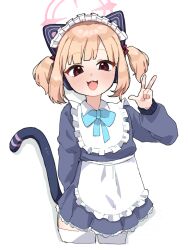 1girl animal_ears apron blonde_hair blue_archive blue_bow blue_bowtie blue_dress bow bowtie brown_eyes cat_ears cat_tail commentary dress english_commentary fake_animal_ears fake_tail halo looking_at_viewer maid maid_apron maid_headdress momoi_(blue_archive) nakajima_lupus open_mouth pink_halo simple_background solo tail thighhighs twintails w waist_apron white_apron white_background white_thighhighs