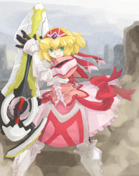 Rule 34 | 1girl, alexia lynn elesius, armor, armored dress, bad id, bad pixiv id, blonde hair, boots, bow, canyon, day, dress, dress bow, elbow gloves, gloves, greaves, green eyes, hairband, knight, nagi mizuha, pink bow, pink dress, ribbon, short hair, sky, smile, solo, sword, weapon, wild arms, wild arms xf