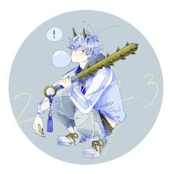 Rule 34 | !, 1boy, artist name, blue hair, brown eyes, blowing bubbles, chewing gum, circle, club (weapon), dated, ear piercing, earrings, highres, horns, jacket, jewelry, kanabou, komoriyouko, male focus, oni, original, pebble, piercing, setsubun, simple background, spiked club, spoken exclamation mark, squatting, weapon, white footwear, delinquent