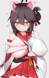 Rule 34 | 1girl, absurdres, adjusting clothes, ahoge, animal ears, bare shoulders, blue archive, breasts, brown hair, covering breasts, covering privates, cowboy shot, detached sleeves, dressing, expressionless, eyebrows, flower hair ornament, hair bun, hakama, highres, hip vent, huge breasts, japanese clothes, kaede (blue archive), kimono, koganemokon, light blush, long hair, miniskirt, obi, one breast out, oppai loli, pleated skirt, raccoon ears, raccoon girl, red skirt, ribbon-trimmed sleeves, ribbon trim, sailor collar, sash, school uniform, serafuku, short eyebrows, simple background, skirt, sleeveless, sleeveless kimono, solo, sound effects, white background, white kimono, yellow eyes