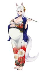 Rule 34 | 1girl, animal ear fluff, animal ears, barefoot, big belly, blush, breasts, choker, cleavage, closed mouth, curvy, fox ears, fox girl, fox tail, hair ornament, highres, huge breasts, japanese clothes, kimono, kitsune, lhanamo, long hair, obi, original, pregnant, red eyes, sash, shiny clothes, shiny skin, sidelocks, smile, smoking pipe, solo, tail, white background, white hair, wide hips, wide sleeves