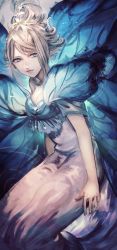Rule 34 | 1girl, bad id, bad pixiv id, blue eyes, blue wings, braid, breasts, butterfly wings, cleavage, closed mouth, colored skin, dress, fairy, final fantasy, final fantasy xiv, floating hair, flower, hair flower, hair ornament, highres, insect wings, jewelry, kuroge (kewagyuu), lips, long hair, necklace, pointy ears, silver hair, single braid, small breasts, solo, titania (final fantasy), white dress, white flower, white skin, wings