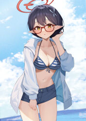 Rule 34 | 1girl, ayane (blue archive), bikini, bikini top only, black hair, blue archive, blush, braid, breasts, cleavage, collarbone, denim, denim shorts, double-parted bangs, glasses, halo, highres, hood, hooded jacket, jacket, looking at viewer, medium breasts, misononasubi, navel, open clothes, open jacket, outdoors, pointy ears, red-framed eyewear, short shorts, shorts, solo, stomach, striped bikini, striped clothes, swimsuit, white jacket