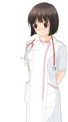 Rule 34 | 1girl, angry, arms behind back, blush, brown eyes, brown hair, character request, coat, collarbone, copyright request, cowboy shot, dedenden (pixiv30568724), doctor, glasses, highres, looking to the side, short hair, short sleeves, standing, stethoscope, white background, white coat