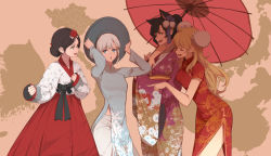 Rule 34 | 4girls, ahoge, animal ears, arms up, black hair, blake belladonna, blonde hair, blue eyes, breasts, cat ears, china dress, chinese clothes, commentary, dishwasher1910, dress, english commentary, floral print, flower, hair flower, hair ornament, hanbok, hat, japanese clothes, kimono, korean clothes, large breasts, long hair, long sleeves, medium breasts, multiple girls, obi, open mouth, red dress, ruby rose, rwby, sash, scar, scar across eye, scar on face, short hair, short sleeves, side slit, small breasts, smile, standing, traditional clothes, vietnamese dress, weiss schnee, white hair, yang xiao long