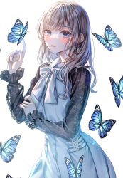 Rule 34 | 1girl, black shirt, blue butterfly, blue eyes, blush, bow, bowtie, bug, butterfly, butterfly earrings, butterfly on hand, dress, earrings, grey hair, hand up, highres, insect, jewelry, long hair, looking at viewer, original, parted bangs, parted lips, sakura (39ra), see-through, see-through sleeves, shirt, simple background, solo, upper body, white background, white bow, white bowtie, white dress