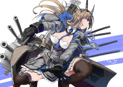 Rule 34 | 1girl, absurdres, between breasts, black gloves, blue bow, blue eyes, blue necktie, bow, braid, breasts, capelet, dress, gegeron, gloves, grey capelet, grey dress, hair bow, headgear, highres, kantai collection, large breasts, light brown hair, long hair, low twintails, machinery, maryland (kancolle), necktie, necktie between breasts, pleated dress, radio antenna, solo, thighhighs, turret, twintails