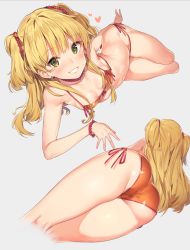 Rule 34 | 10s, 1girl, :d, armpits, ass, bad id, bad pixiv id, bare legs, beads, bikini, blonde hair, blush, bracelet, breasts, collarbone, cropped legs, earrings, eyebrows, eyelashes, from behind, from below, green eyes, grin, hair beads, hair ornament, heart, idolmaster, idolmaster cinderella girls, jewelry, jougasaki rika, kneepits, legs together, looking at viewer, lying, multiple views, necklace, on side, open mouth, orange bikini, pearl bracelet, pearl necklace, red ribbon, ribbon, shiny skin, side-tie bikini bottom, small breasts, smile, stud earrings, swimsuit, teeth, two side up, yuran