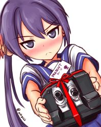 Rule 34 | &gt;:(, 10s, 1girl, a9b (louis814), akebono (kancolle), bell, blush, flower, frown, gift, hair bell, hair flower, hair ornament, highres, jingle bell, kantai collection, long hair, looking at viewer, machinery, nose blush, purple eyes, purple hair, ribbon, side ponytail, skull and crossbones, solo, tsundere, turret, v-shaped eyebrows
