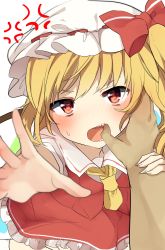 Rule 34 | 1girl, absurdres, anger vein, arm grab, ascot, blonde hair, blush, bow, commentary request, crystal, feet out of frame, finger in another&#039;s mouth, flandre scarlet, grabbing, hat, hat bow, highres, karasusou nano, looking at viewer, mob cap, nose blush, one side up, open mouth, petticoat, pov, reaching, reaching towards viewer, red bow, red eyes, red skirt, red vest, short hair, simple background, skirt, skirt set, solo focus, sweat, teeth, touhou, vest, white background, white headwear, white legwear, wings, yellow ascot