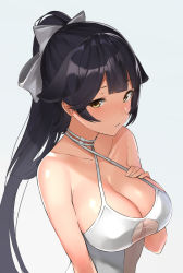 Rule 34 | 1girl, azur lane, bare shoulders, black hair, blush, bow, breasts, casual one-piece swimsuit, cleavage, collarbone, criss-cross halter, hair bow, hair flaps, halterneck, hand on own chest, highres, large breasts, long hair, looking at viewer, noel (nnoelllll), one-piece swimsuit, parted lips, ponytail, ribbon, simple background, solo, swimsuit, takao (azur lane), takao (beach rhapsody) (azur lane), white background, white bow, white one-piece swimsuit, white ribbon