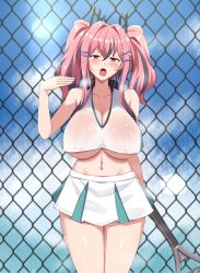 Rule 34 | 1girl, absurdres, against fence, azur lane, bare shoulders, black hair, blue sky, blush, breasts, bremerton (azur lane), bremerton (scorching-hot training) (azur lane), chain-link fence, cleavage, collarbone, cowboy shot, crop top, day, fanning self, fence, hair ornament, hairclip, highres, hot, huge breasts, looking at viewer, miniskirt, multicolored hair, navel, navel piercing, official alternate costume, open mouth, outdoors, piercing, pink hair, racket, red eyes, sidelocks, skirt, sky, sleeveless, solo, streaked hair, sweat, tennis racket, twintails, two-tone hair, underboob, white skirt, wuwusan, x hair ornament