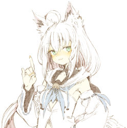 Rule 34 | 1girl, :3, abara heiki, ahoge, animal ear fluff, animal ears, asymmetrical hair, blush, braid, breasts, closed mouth, commentary, detached sleeves, earrings, fox ears, fox shadow puppet, fox tail, green eyes, hair between eyes, hololive, hood, hoodie, jewelry, long hair, looking at viewer, shirakami fubuki, shirakami fubuki (1st costume), side braid, simple background, small breasts, smile, smug, solo, tail, traditional media, upper body, virtual youtuber, white background, white hair, white hoodie