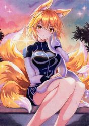 Rule 34 | 1girl, adapted costume, animal ear fluff, animal ears, bare legs, blonde hair, blue shirt, blue skirt, blush, breasts, commentary request, feet out of frame, fox ears, fox girl, fox tail, hand in lap, hand on lap, hand up, head tilt, highres, holding, holding towel, kittona, large breasts, long sleeves, looking at viewer, midriff peek, miniskirt, multicolored clothes, multicolored shirt, multiple tails, no headwear, shirt, short hair, sitting, skirt, sky, slit pupils, solo, sparkle, sunset, sweat, tail, thighs, touhou, towel, traditional media, tree, water, watercolor pencil (medium), wet, white shirt, wiping face, yakumo ran, yellow eyes