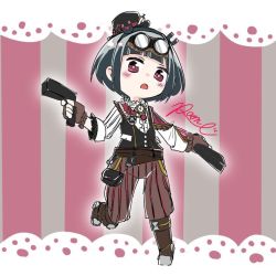 Rule 34 | 1girl, bad id, bad twitter id, belt, black hair, black hairband, black headwear, black vest, blush, boots, brown belt, brown footwear, brown gloves, brown pants, center frills, commentary request, dual wielding, fingerless gloves, frills, full body, gloves, goggles, goggles on head, gun, hairband, handgun, hat, holding, holding gun, holding weapon, jitomi monoe, knee boots, long sleeves, looking at viewer, magnet, mini hat, mini top hat, open mouth, pants, pistol, pocket watch, raone/kinosato, red eyes, shirt, short hair, signature, solo, standing, standing on one leg, steampunk, striped, striped background, top hat, vertical stripes, vest, virtual youtuber, voms, watch, weapon, white shirt