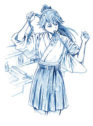 Rule 34 | 10s, 1boy, 1girl, admiral (kancolle), anchor, bbb (friskuser), blue theme, bow, cutting board, houshou (kancolle), japanese clothes, kantai collection, kimono, knife, long hair, md5 mismatch, monochrome, mouth hold, photo (object), ponytail, simple background, tasuki, white background