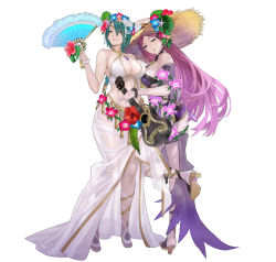 Rule 34 | 2girls, absurdres, ass, bare shoulders, bracelet, braid, breasts, cleavage, commentary request, fingernails, fire emblem, fire emblem heroes, flower, full body, gold trim, green hair, hair ornament, halterneck, hand fan, hand up, hat, hibiscus, high heels, highres, holding, instrument, jewelry, large breasts, leg up, lips, loki (fire emblem), long hair, looking at viewer, maeshima shigeki, midriff, multiple girls, nintendo, official art, purple eyes, purple hair, sarong, seductive smile, see-through, simple background, single braid, smile, straw hat, swimsuit, thighs, thorr (fire emblem), ukulele, white background