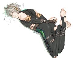 Rule 34 | 1boy, ahoge, alhaitham (genshin impact), ass, bare shoulders, black pants, black shirt, blood, bound, bound ankles, bound legs, bound wrists, bridal gauntlets, cuts, daryaria, feet, full body, genshin impact, gloves, green eyes, grey hair, hair between eyes, hair over eyes, highres, injury, legs, looking at viewer, lying, male focus, no shoes, on stomach, pants, partially fingerless gloves, shirt, short hair with long locks, sidelocks, signature, simple background, sleeveless, sleeveless shirt, solo, stirrup legwear, sweat, tight clothes, toeless legwear, toes, white background