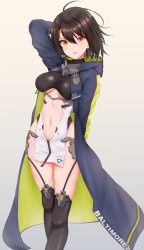 Rule 34 | 1girl, :d, absurdres, ahoge, arm behind back, arm behind head, armor, azur lane, baltimore (azur lane), black thighhighs, blue coat, braid, breasts, breasts apart, brown hair, character name, clothing cutout, coat, commentary request, cowboy shot, eyebrows hidden by hair, faulds, french braid, garter straps, hair between eyes, highres, hood, hood down, hooded coat, kcc (tanimahimeyuri), large breasts, long sleeves, looking at viewer, multicolored coat, navel, navel cutout, open clothes, open coat, open mouth, pelvic curtain, shiny clothes, short hair, side slit, sidelocks, simple background, smile, solo, standing, thighhighs, underboob, underboob cutout, yellow eyes, zipper pull tab