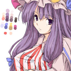 Rule 34 | 1girl, breasts, female focus, imuraya ayuka, large breasts, long hair, patchouli knowledge, purple eyes, purple hair, shirt, solo, striped, taut clothes, taut shirt, touhou, upper body