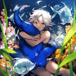Rule 34 | 1girl, ahoge, bare arms, bare shoulders, bubble, closed mouth, commentary request, coral, feet out of frame, fish, grey eyes, grey hair, highres, hug, lee hyeseung, lingerie, long hair, looking at viewer, negligee, octopus, original, plant, short hair, smile, solo, underwater, underwear