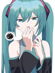 Rule 34 | 1girl, bentou (bentou 1), blood, blue eyes, blue hair, collared shirt, commentary, covering own mouth, detached sleeves, half-closed eyes, hand over own mouth, hatsune miku, highres, long hair, long sleeves, looking at viewer, necktie, nosebleed, shirt, sleeveless, sleeveless shirt, solo, spoken squiggle, squiggle, sweat, twintails, upper body, vocaloid
