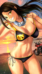 Rule 34 | 1girl, :d, absurdres, armpits, arms up, bad id, bad pixiv id, bare arms, bare shoulders, bikini, black bikini, black hair, blush, breasts, cleavage, commentary request, cowboy shot, evening, gluteal fold, green eyes, grin, hanamasa ono, head tilt, highres, idolmaster, idolmaster cinderella girls, large breasts, long hair, looking at viewer, motor vehicle, motorcycle, mukai takumi, navel, o-ring, o-ring bikini, ocean, open mouth, outdoors, ribbon, side-tie bikini bottom, smile, solo, stomach, strap lift, sun, sunset, swimsuit, teeth, thighs, toned, water, white ribbon