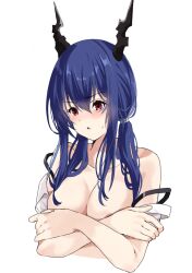 Rule 34 | 1girl, arknights, blue hair, blush, breasts, ch&#039;en (arknights), cleavage, covering breasts, covering privates, crossed arms, dragon girl, dragon horns, embarrassed, hair between eyes, highres, horns, lily0428, long hair, looking at viewer, medium breasts, no bra, off shoulder, open clothes, open mouth, open shirt, red eyes, shirt, upper body, white shirt