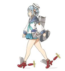 Rule 34 | 1girl, blue hair, blue sailor collar, blue skirt, blush, closed mouth, dixie cup hat, double bun, from side, full body, hair bun, hat, high heels, kantai collection, long sleeves, medal, military hat, neckerchief, pleated skirt, rigging, sailor collar, samuel b. roberts (kancolle), school uniform, serafuku, shadow, shirt, short hair, simple background, single hair bun, single side bun, skirt, smile, solo, tamu (mad works), walking, whale, white background