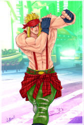 Rule 34 | 1boy, abs, aged down, alex (street fighter), blonde hair, blue eyes, capcom, clothes around waist, facial tattoo, fingerless gloves, gloves, headband, highres, long hair, male focus, manly, muscular, shaded face, shirt, shirt around waist, sidelocks, signature, solo, street fighter, street fighter v, stretching, suspenders, tattoo, topless male, walking, wallace pires
