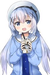 Rule 34 | 1girl, beret, blue dress, blue eyes, blue hair, blue jacket, blush, commentary request, cup, disposable cup, dress, drinking straw, gochuumon wa usagi desu ka?, hair between eyes, hair ornament, hat, holding, holding cup, houjichaoic, jacket, kafuu chino, long hair, long sleeves, looking at viewer, open clothes, open jacket, open mouth, sailor collar, sailor dress, sidelocks, simple background, solo, twintails, upper body, very long hair, white background, white hat, white sailor collar, x hair ornament