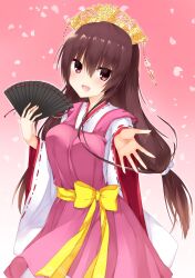 Rule 34 | 1girl, :d, absurdres, blush, bow, brown hair, commentary request, cowboy shot, eyelashes, eyes visible through hair, folding fan, hair between eyes, hand fan, hand up, highres, holding, holding fan, japanese clothes, kimono, long hair, long sleeves, looking at viewer, low-tied long hair, open hand, open mouth, outstretched arm, pink background, reaching, reaching towards viewer, red eyes, ribbon-trimmed sleeves, ribbon trim, simple background, smile, solo, straight hair, tenshinranman, unohana no sakuyahime, very long hair, white kimono, wide sleeves, yellow bow, yuuhodesu