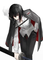 Rule 34 | 1girl, absurdres, badnick69 (camchi), black coat, black hair, black pants, cigarette, coat, coat on shoulders, guan dao, highres, limbus company, object head, ootachi, pants, polearm, project moon, red eyes, ryoshu (project moon), sheath, sheathed, simple background, smoke, smoking, solo, weapon, white background