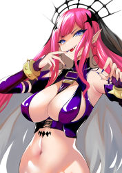 Rule 34 | 1girl, :d, bare shoulders, between breasts, blue eyes, blue nails, breasts, cleavage, crown, detached sleeves, earrings, eyeliner, baobhan sith (fate), baobhan sith (second ascension) (fate), fate/grand order, fate (series), fingernails, highres, jewelry, long hair, looking at viewer, makeup, midriff, nail polish, navel, open mouth, pink hair, pointy ears, sharp fingernails, sharp teeth, shima-shuu, simple background, smile, solo, teeth, veil, white background