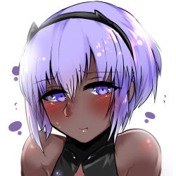Rule 34 | 1girl, :t, bare shoulders, blush, breasts, close-up, dark-skinned female, dark skin, fate/prototype, fate/prototype: fragments of blue and silver, fate (series), hairband, hassan of serenity (fate), looking at viewer, navel, pout, purple eyes, purple hair, short hair, solo, takasaki aneki