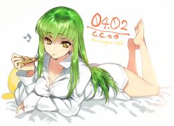 Rule 34 | 1girl, ass, barefoot, beamed quavers, breasts, c.c., cleavage, code geass, creayus, dress shirt, eating, food, full body, green hair, legs up, long hair, looking at viewer, lying, musical note, naked shirt, on stomach, pizza, shirt, simple background, smile, solo, the pose, white background, white shirt, yellow eyes