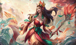 Rule 34 | 1girl, absurdres, bare shoulders, black hair, bracelet, breasts, chinese commentary, cleavage, cloud, collarbone, cowboy shot, detached sleeves, earrings, eyeshadow, fingernails, fish, green eyes, hair ornament, highres, holding, holding staff, jewelry, large breasts, league of legends, light particles, long hair, looking to the side, makeup, nami (league of legends), official alternate costume, official alternate hairstyle, outdoors, qi mang (qimang), sidelocks, sky, smile, solo, splashing, splendid staff nami, staff, sunlight, teeth, temple, tree, upper teeth only, water, waterfall