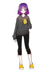Rule 34 | 1girl, black leggings, cellphone, colored inner hair, grey hoodie, heo yeoeun, highres, holding, holding phone, hood, hoodie, korean commentary, leggings, looking at viewer, love delivery, multicolored hair, open hand, phone, pink hair, purple hair, shin seung-ah, shoes, short hair, sketch, sleeves past wrists, smartphone, smile, solo, straight-on, white background, yellow footwear