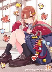 Rule 34 | 1girl, animal print, badge, bag, bag charm, black socks, blue bag, blue skirt, brown footwear, brown hair, button badge, cardigan, character request, charm (object), club, club (weapon), collared shirt, commentary request, copyright notice, duel masters, earrings, hair between eyes, hair ornament, hairpin, hallway, heart, highres, horns, indoors, jewelry, kanabou, knees together feet apart, knees up, looking at viewer, medium hair, nail polish, official art, on floor, oni, oni horns, parted lips, pink nails, pleated skirt, red cardigan, red oni, school bag, shigure ui, shirt, sitting, skirt, sleeves past wrists, slit pupils, socks, solo, sparkle, sticker, tiger print, weapon, white shirt, yellow eyes