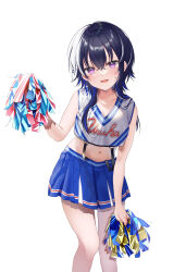 Rule 34 | absurdres, black hair, blue hair, blush, breasts, cheerleader, crop top, highres, holding, holding pom poms, ichinose uruha, long hair, looking at viewer, lupinus virtual games, medium breasts, midriff, miniskirt, multicolored hair, navel, open mouth, pleated skirt, pom pom (cheerleading), pom poms, pome charo, purple eyes, shoes, simple background, skirt, smile, sneakers, virtual youtuber, vspo!, white background, white skirt