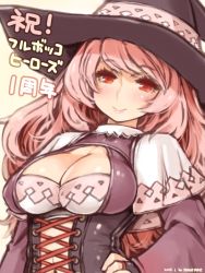 Rule 34 | 1girl, blush, breasts, cleavage, cleavage cutout, clothing cutout, corset, fingerless gloves, fullbokko heroes, gloves, hat, large breasts, long hair, looking at viewer, merlin (fullbokko heroes), pink hair, red eyes, shigatake, simple background, smile, solo, translation request, witch hat