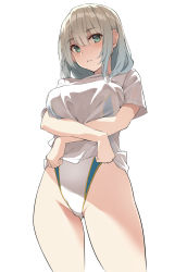 Rule 34 | 1girl, blush, breasts, competition swimsuit, green eyes, grey hair, highleg, highleg swimsuit, highres, kekemotsu, large breasts, looking at viewer, medium hair, one-piece swimsuit, original, shirt, short sleeves, simple background, solo, swimsuit, swimsuit under clothes, thighs, white background, white one-piece swimsuit, white shirt
