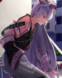 Rule 34 | 1girl, alternate costume, aya (lezon), bow, casual, character name, chromatic aberration, closed mouth, contemporary, crescent, crescent earrings, day, detached sleeves, earrings, expressionless, from side, fujiwara no mokou, grey pants, hair bow, hand in pocket, highres, jewelry, leaning forward, light particles, lips, long hair, outdoors, pants, pink eyes, profile, silver hair, solo, tank top, touhou, very long hair, white bow