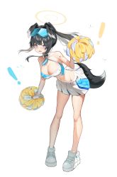 Rule 34 | !, 1girl, absurdres, animal ears, bad id, bad twitter id, bare legs, bare shoulders, black hair, blue archive, blush, breasts, bright pupils, cheerleader, cleavage, collarbone, crop top, detached collar, dog ears, dog girl, dog tail, english text, eyewear on head, full body, goggles, goggles on head, halo, hibiki (blue archive), hibiki (cheer squad) (blue archive), highres, holding, holding pom poms, large breasts, leaning forward, long hair, looking at viewer, lowleg, lowleg skirt, midriff, millennium cheerleader outfit (blue archive), navel, open mouth, pom pom (cheerleading), pom poms, ponytail, purple eyes, shoes, sidelocks, simple background, skirt, sneakers, solo, star sticker, sticker on arm, sticker on face, sugar (dndi888), tail, two-tone skirt, white background, white footwear