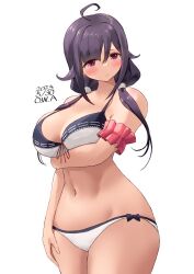 Rule 34 | 1girl, ahoge, arm scrunchie, arm under breasts, artist name, bikini, blush, breasts, cowboy shot, dated, highres, kantai collection, large breasts, long hair, looking at viewer, medium hair, navel, official alternate costume, one-hour drawing challenge, owa (ishtail), purple hair, red eyes, ryuuhou (kancolle), sidelocks, simple background, solo, swimsuit, taigei (kancolle), white background, white bikini